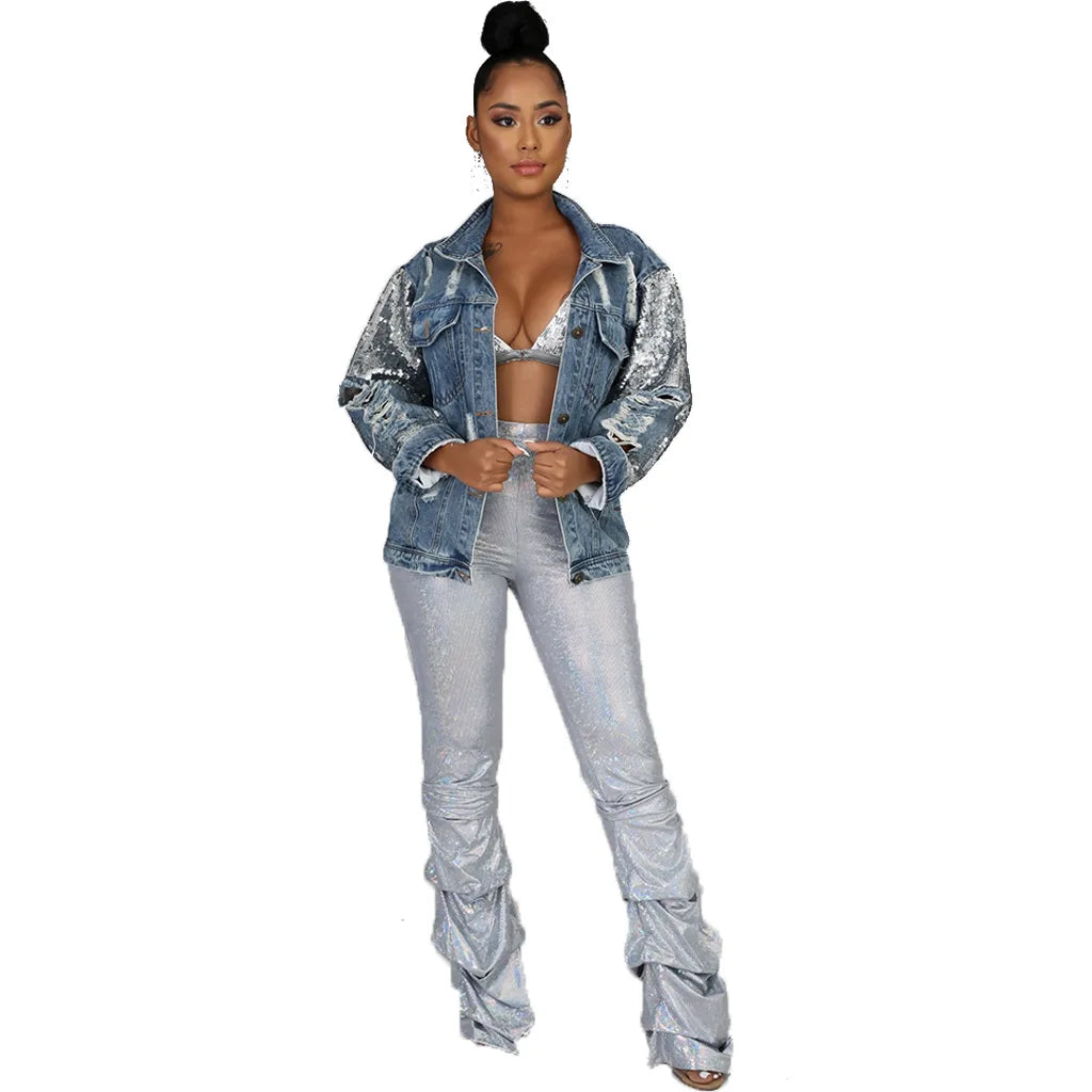 Jackets Women Denim Coat Hole Sequins Patchwork Single Breasted Turn Down Collar Y2k Vintage Streetwear 2025 Autumn Outerwear