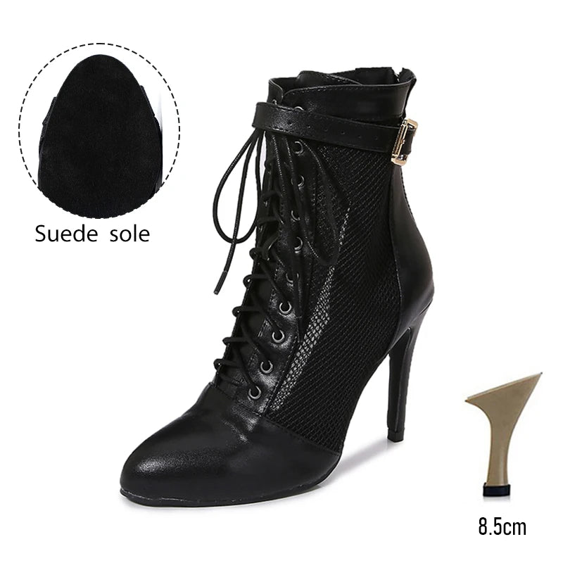 Black Mesh Latin Dance Booties With High Heels for Women