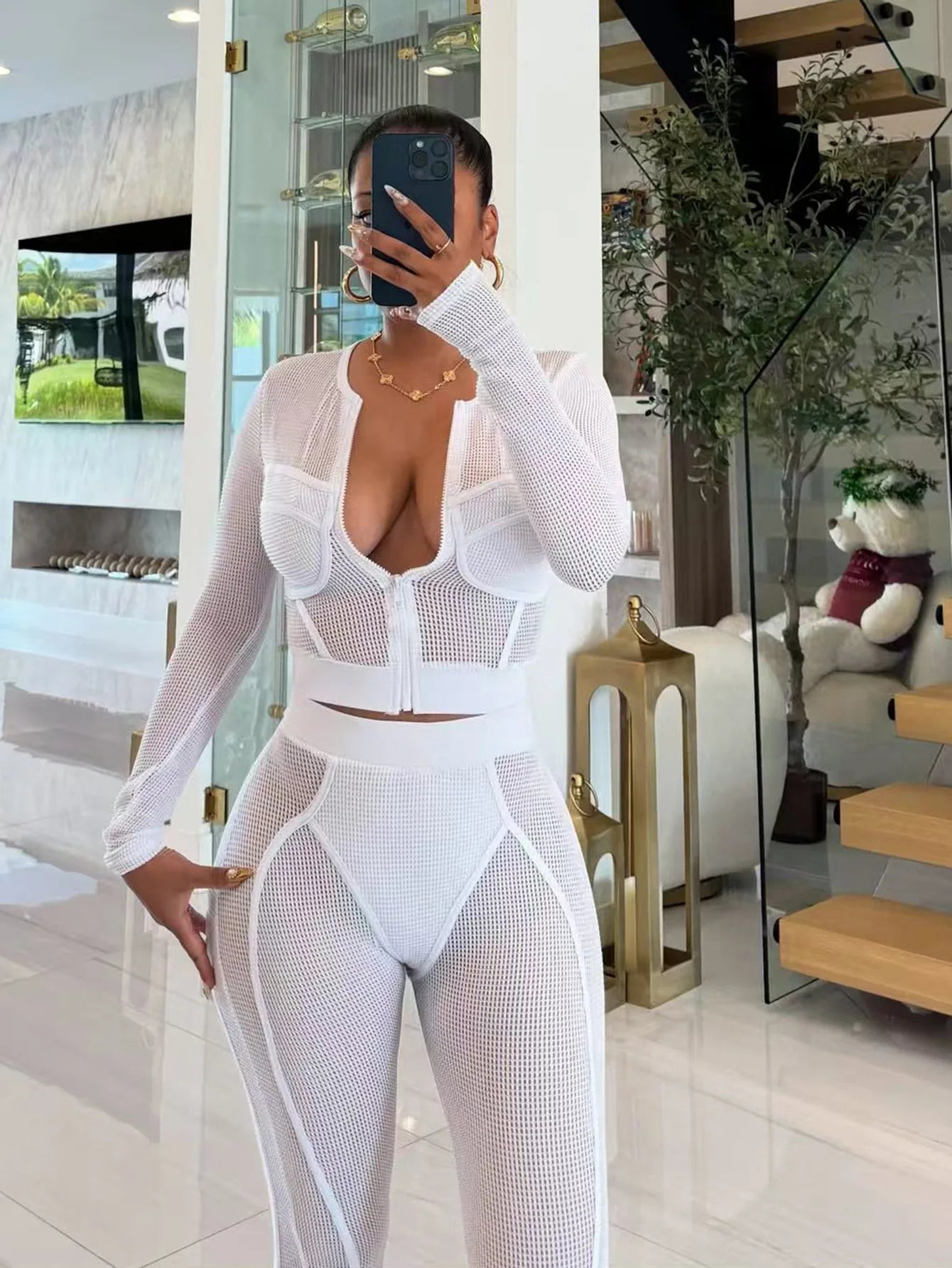 FAGADOER Sexy Hollow Out Bodycon 2 Pieces Set for Woman Mesh See Through Long Sleeves Tops + Leggings Matching Female Streetwear