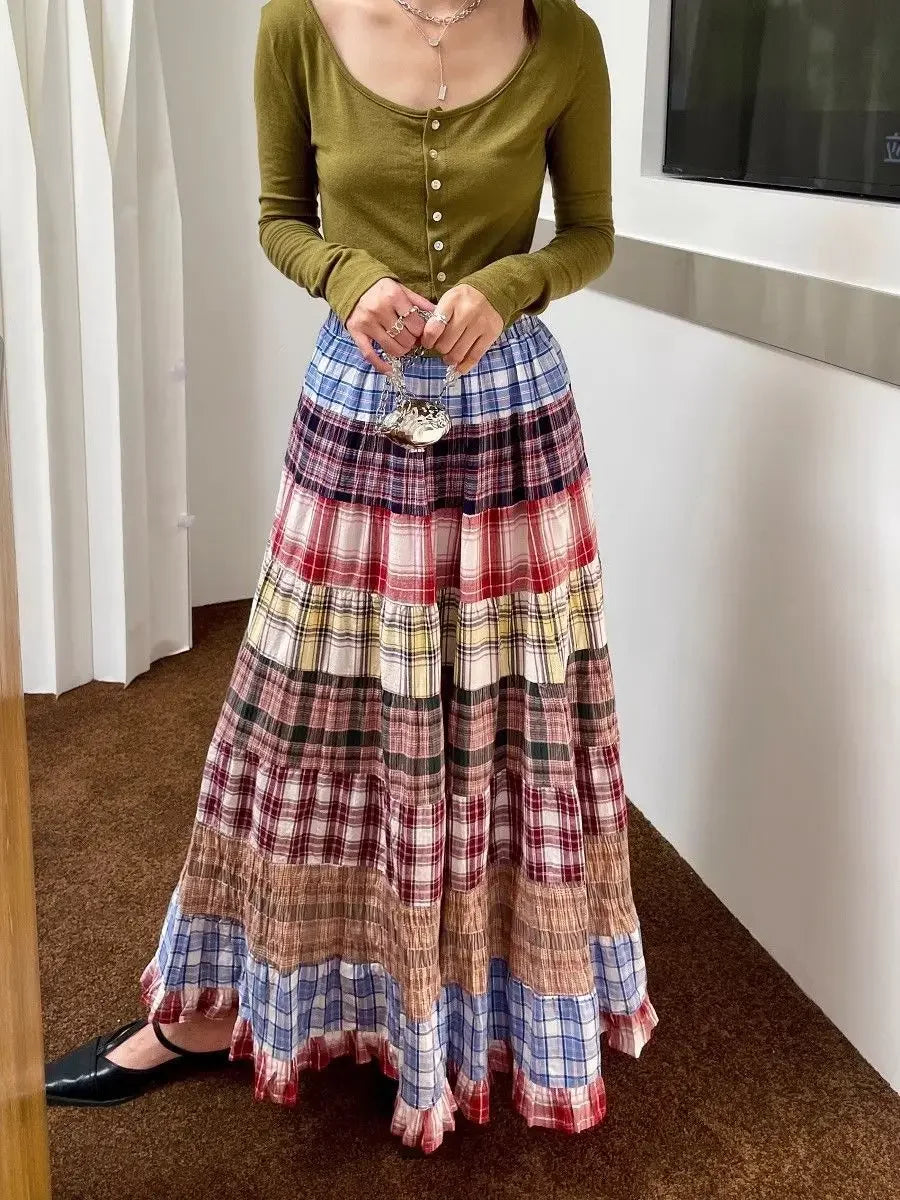 High Waist Plaid Patchwork A- Line Midi Skirt Women's Spring 2025 New Design Retro Unique Long Umbrella Skirt Polyester Fiber