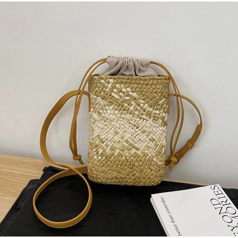 Brand Gradient Raffia Crossbody Bag Straw Drawstring Bohemian Summer Beach Travel Design Shoulder Bag Shop Basket Crossbody Bag