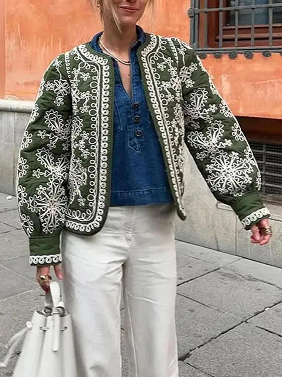 Women'S Retro Open Front Printed Embroidered Jacket, Lightweight Casual Long Sleeved Autumn Street Fashion Cardigan