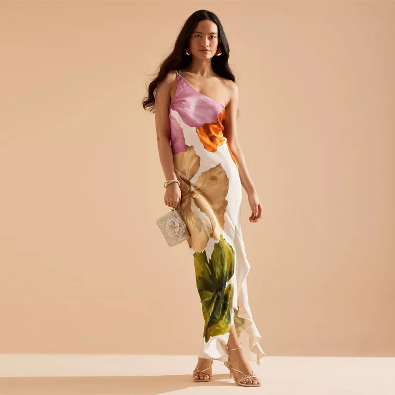Flower Print Slanted Shoulder Dress Vintage Backless Sleeveless Skinny Irregular Robe For Women 2025 Summer Lady Beach Vestido