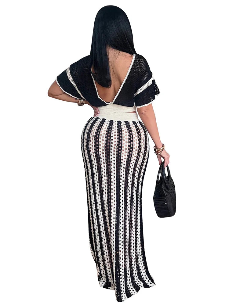 Wmstar Women Two Piece Set Sexy Elegant Knitted Crochet Beach Stripe Crop Tops Long Skirts Matching Set Holiday Birthday Outfits