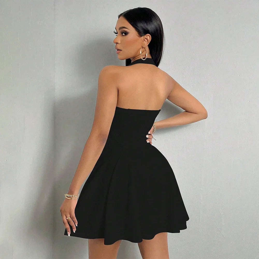 Womens Summer Sleeveless A-Line Skirt Sexy Mini Elegant Halter Neck High Waist Dress Party Club Evening Bodycon Dress 2024