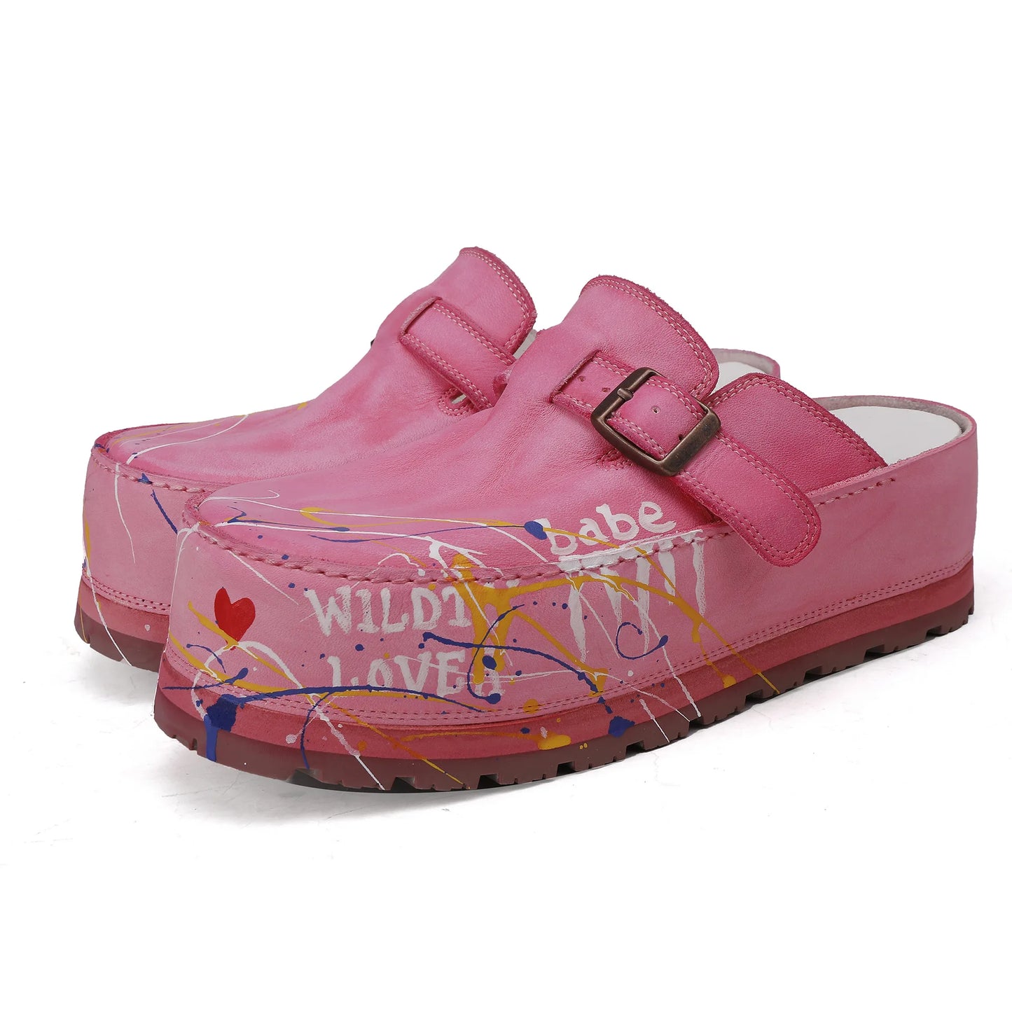 Hand Drawn Leather Platform Slippers with Round Toe for Women