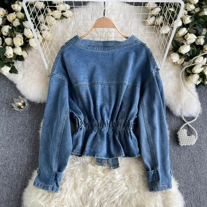 French denim jacket women's new heavy-duty diamond-studded beaded loose short long-sleeved jacket in spring and autumn