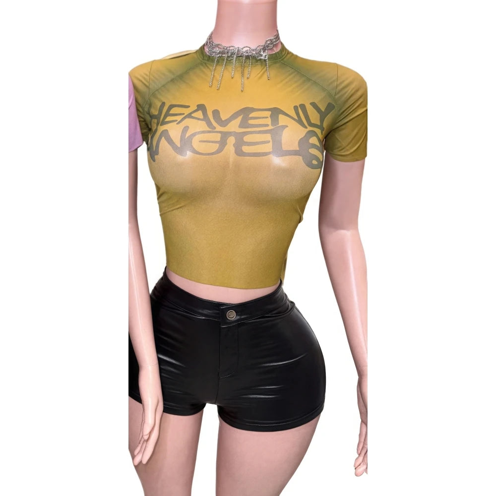FAGADOER Y2k Fashion Mesh Letter Print 2 Piece Sets Woman Outfit See Through Short Sleeve Crop Top and Leather Short Streetwear