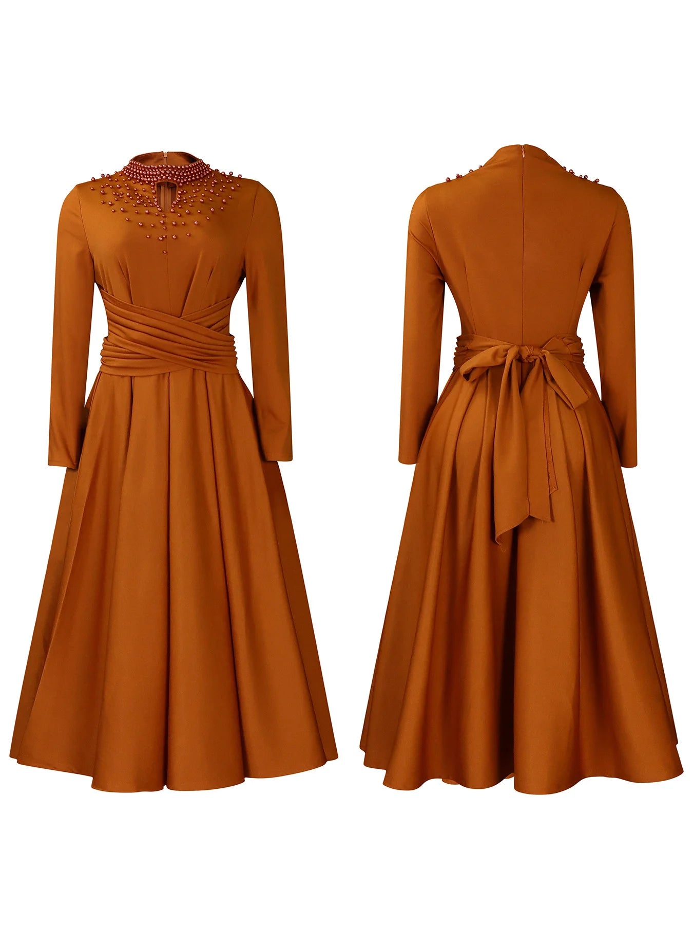 Fashionable High-collar Elegant Embroidered Large Dress Women Waist-shaping African Dress Trendy Plain Pattern Long Skirt