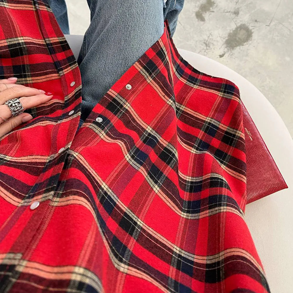FSMG-Versatile Plaid Shirt For Women, Red Bright Grid, Oversized Blouse, Leisure And Fashionable Top, Spring And Autumn Seasons