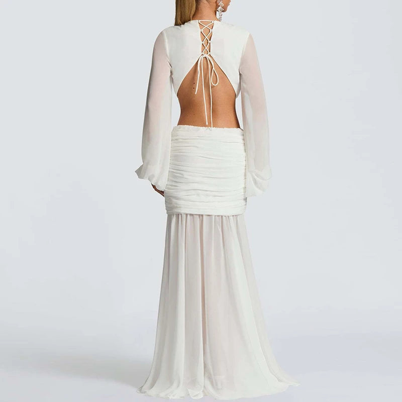 2025 New Autumn Long Sleeved Pleated Evening Dress Elegant Hollow High Waist Robe Dress Casual Women Chiffon Deep V Party Dress