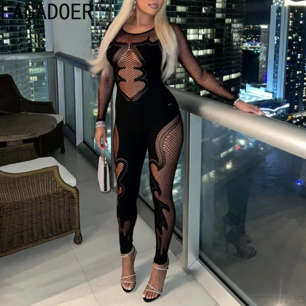 FAGADOER Y2K Sexy Quality Lace Bodycon Jumpsuit Women Long Sleeves Hollow Out See Through Romper Female Streetwear Overalls 2025