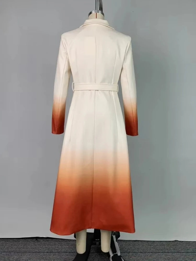 Beautyblue Fashion Women Gradient Outerwear Long Blazer Elegant Loose Tied Waist Buttoned A-Line Woolen Coat for Office Commute