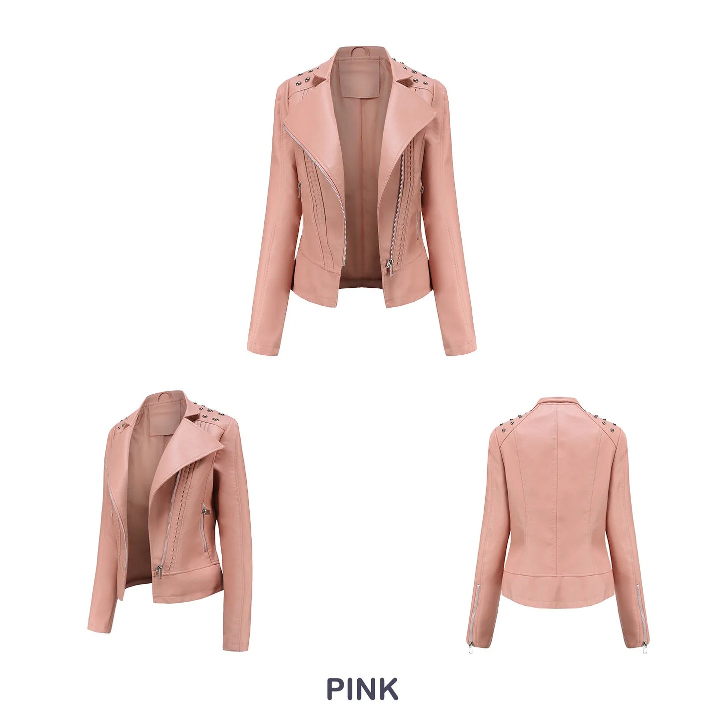 Women's Punk Rivet Leather Jacket Spring Autumn Retro Turndown Collar Slim Casual Ladies Faux Soft Leather Moto Biker Outerwear