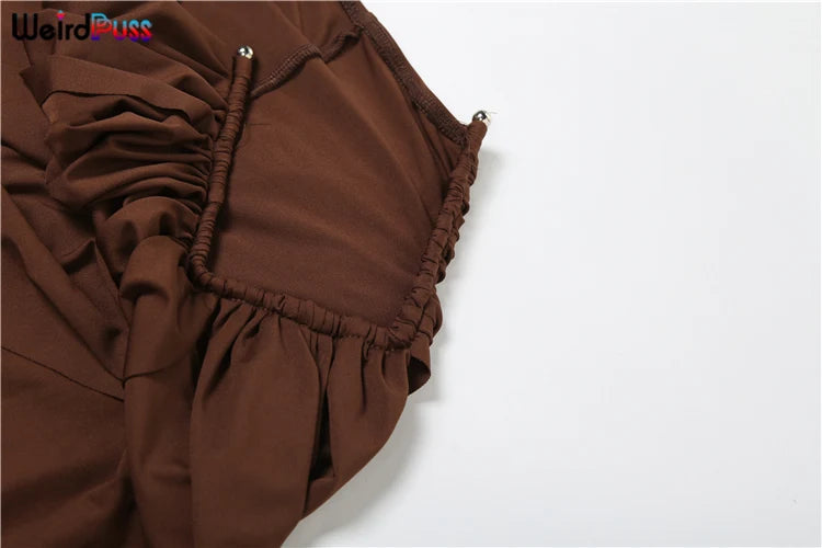 Weird Puss Pleats Elegant 2 Piece Set Women Sexy Low Neck Sleeveless Crop Tops+Irregular Waist Tassel Straight pants Solid Suit