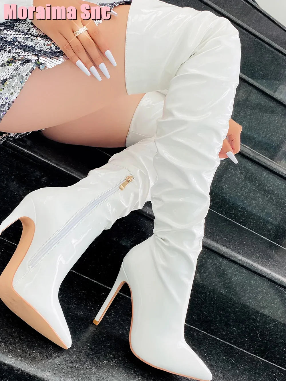 Elegant Pleated Patent Leather Stiletto Boots for Women