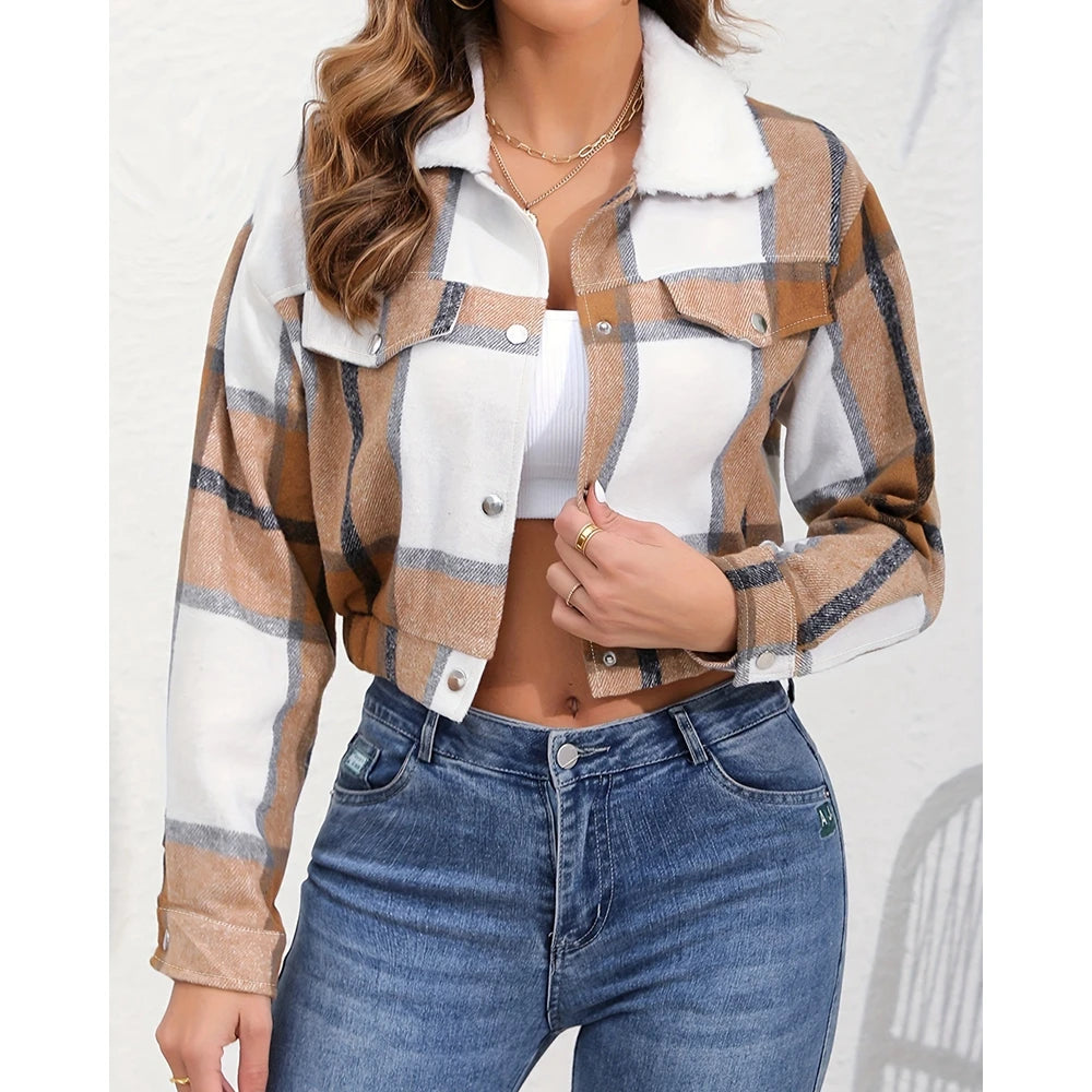 Women Fluffy Turn-down Collar Striped Print Covered Button Short Jackets Autumn Long Sleeve Coat Outfits Winter Clothing
