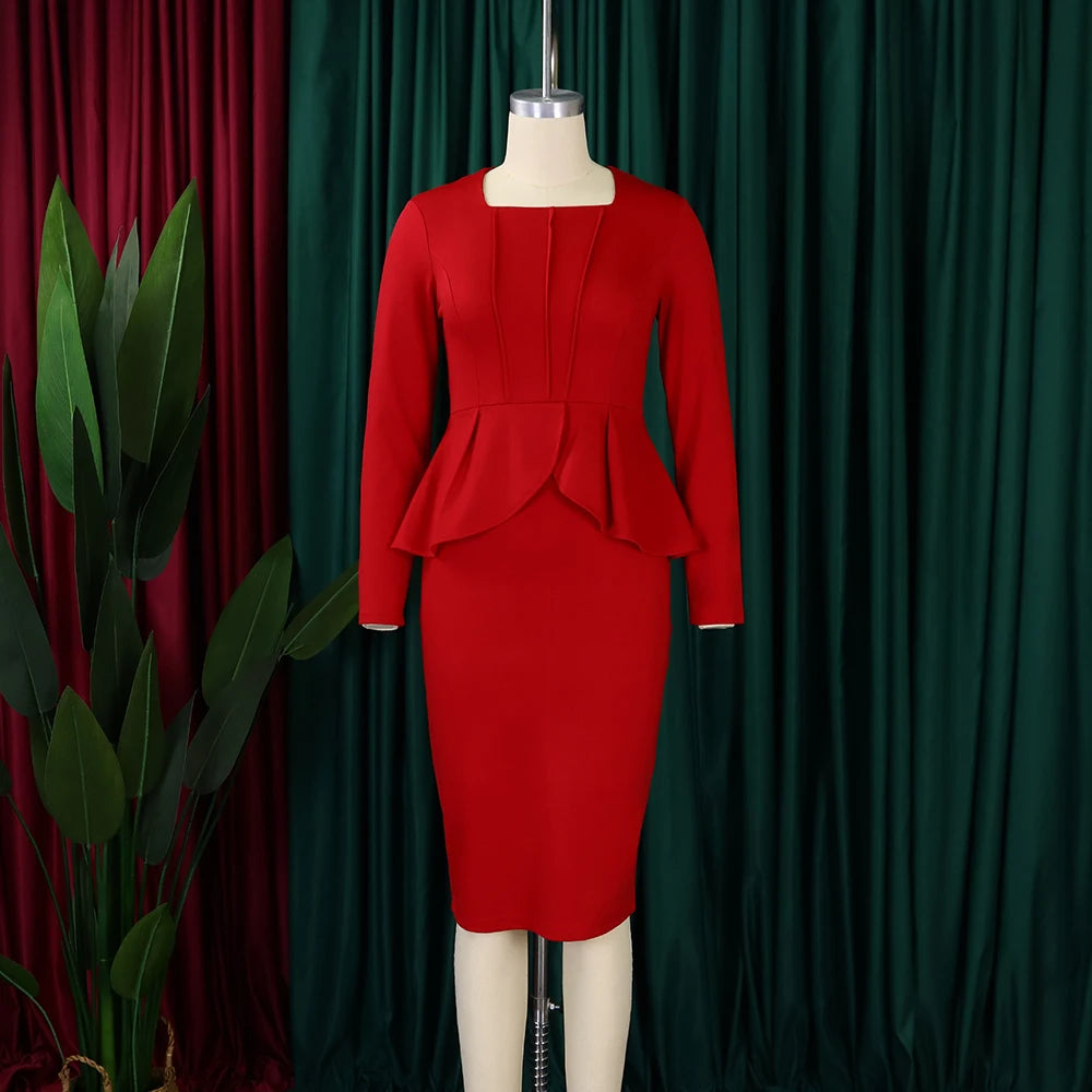 Elegant Bodycon Dresses for Women Square Neck Full Sleeve Ruffles Package Hips Mid Calf Formal Business Work Vestidos Mujer Robe