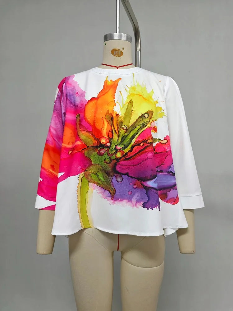 Women T-shirt 2024 New Summer Casual Simple Tops Round Neck Three-Quarter Sleeves Floral Printed Loose Fit Pullovers