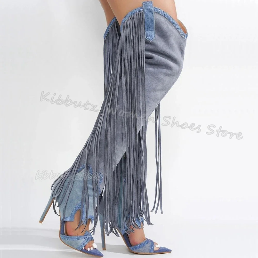 Fringe Over The Knee Sandal Boots Suede Fashion Novelty Sexy Elegant Comfortable Women Shoes New Pointed Toe Thin Heels Slip-On