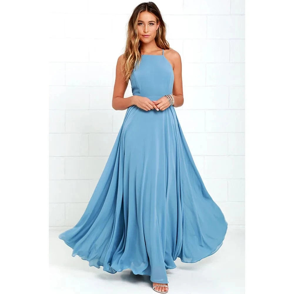 Fashion Women Summer Sleeveless Strap O neck Boho Dress Casual Long Maxi Evening Party Beach Backless Dress Sundress