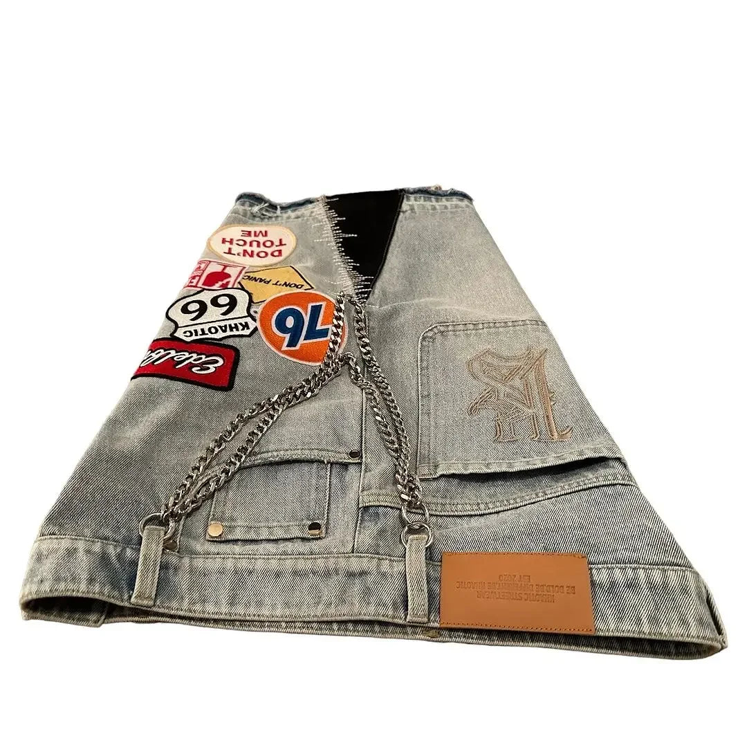 American Patchwork Embroidered Denim Shorts Y2K Jeans Mens Womens Hip Hop Washed Baggy Shorts Low Waist Over The Knee Pants