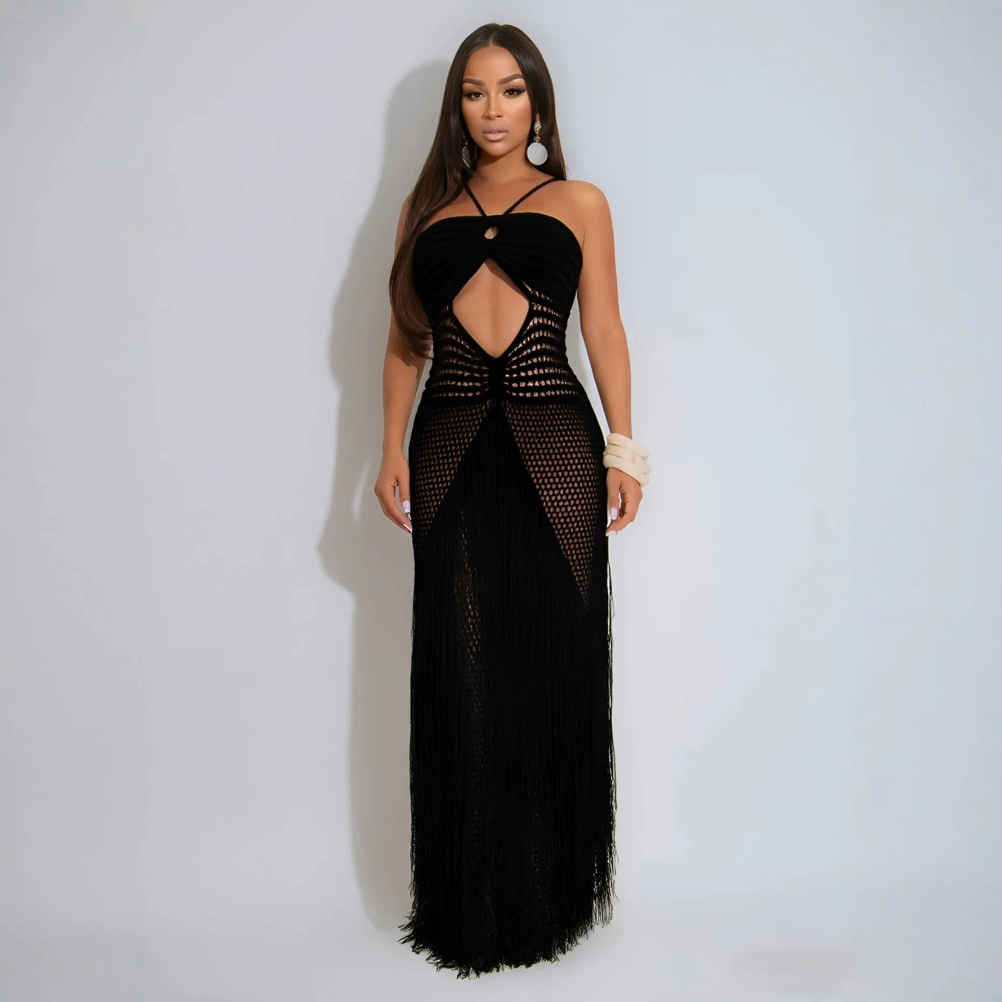 Hollow Out Sheer Crochet Lace Up Maxi Dress for Women