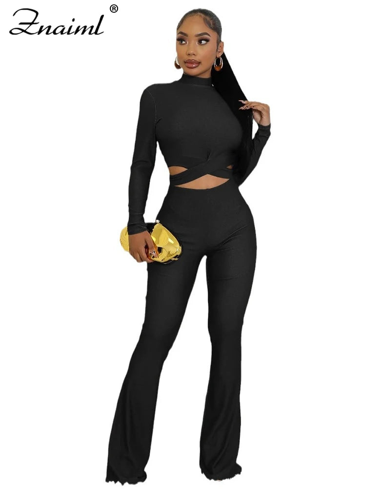 Znaiml Women's Full Sleeve Cross Hollow Out Crop Tops and Flare Pants Set Spring Fall Fitness Sports Blue Two 2 Piece Outfits