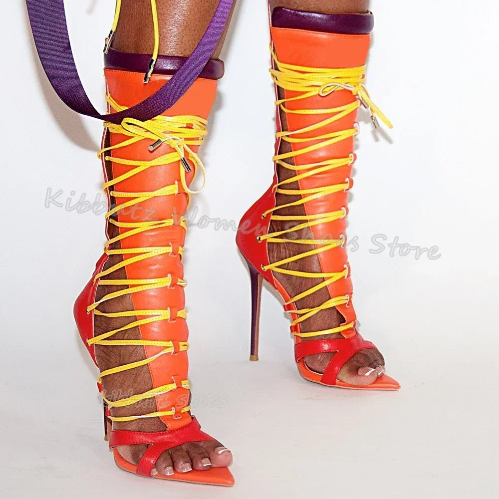Genuine Leather Sandals Cross Strap Mixed Color Novelty Sexy Fashion Concise Luxury Women Shoes Newest Pointy Thin Heels Zippers