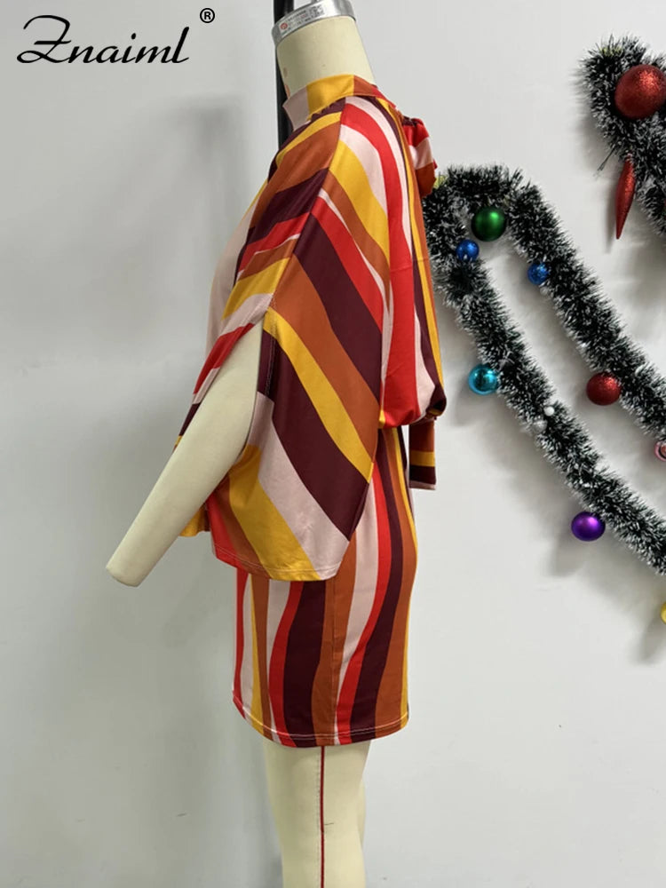 Znaiml Women‘s African Batwing Sleeve Striped Print Mini Dress Birthday O Neck Loose Night Club Female Vestidos Beach Elegant