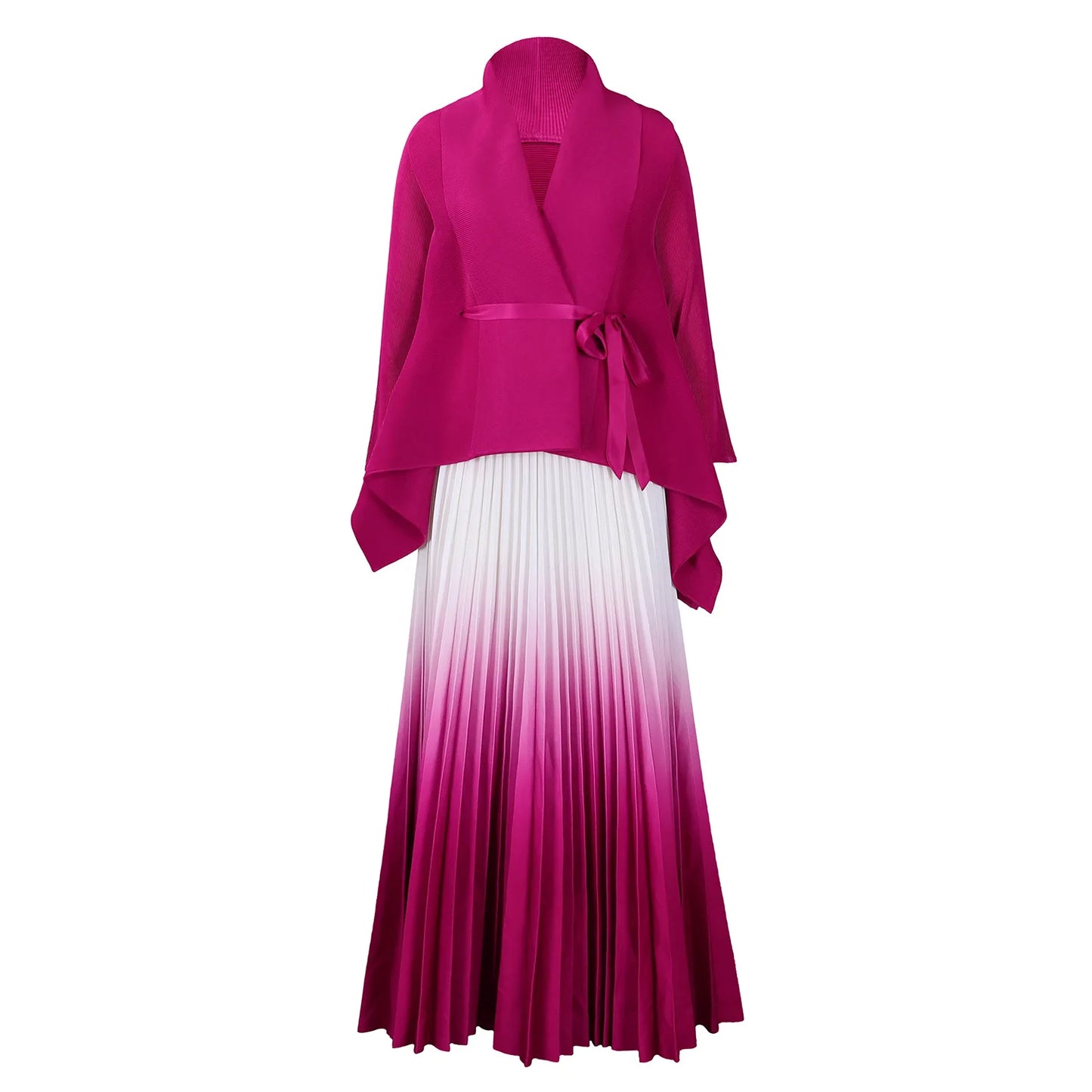 CM.YAYA Gradient Women's Set Full Sleeve Belt Blouse Shirt +Pleated Long Skirts Suit Street Two 2 Piece Set Outfit Tracksuit