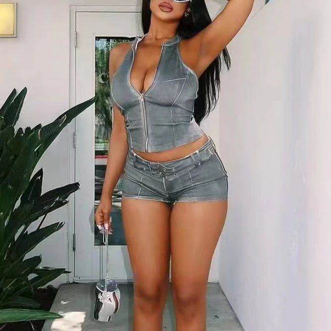 FAGADOER Retro Fashion Denim 2 Pieces Set for Woman Zipper Sleeveless Crop Top + Skinny Shorts Suit Female Streetwear Clothing