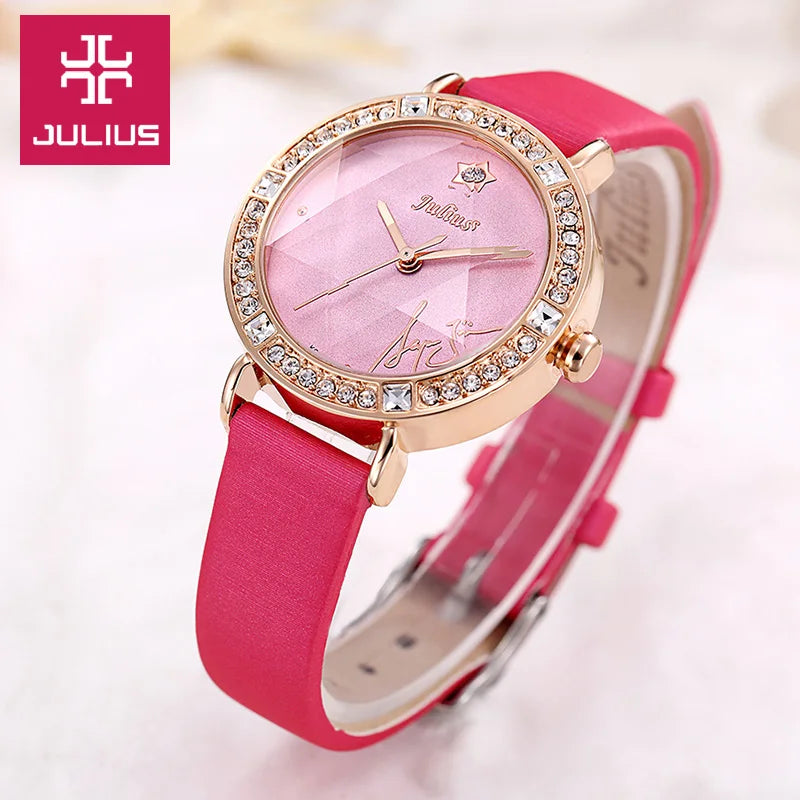 Rhinestones Julius Lady Women's Watch Fashion Hours Bracelet Real Leather Girl's Birthday Gift No Box