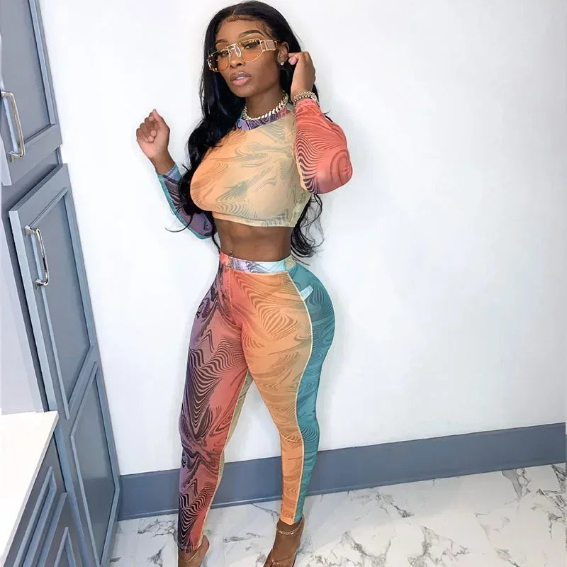 Printing 2 Piece Outfit Set Women Clothing Sportwear Fitness Skinny Long Sleeve Top and Pants Leggings Matching Sets Tracksuit