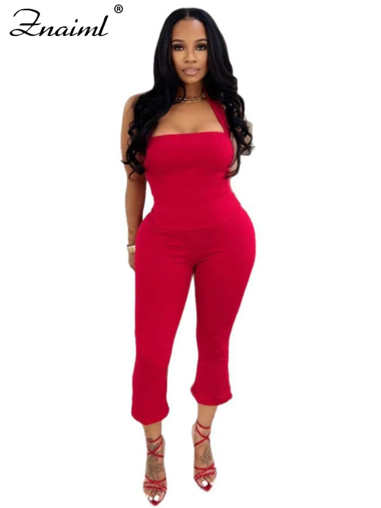 Znaiml Elegant Sleeveless Halter Crop Top and Pants Set Women 2 Pieces Outfits Sexy Night Club Birthday New In Matching Suits