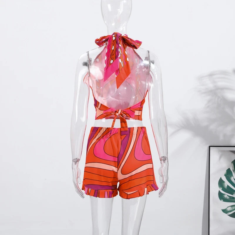 Print Irregular Women's Short Skirt Suits Halter Lace Up Backless Sleeveless Tank Top High Waist Sets Summer Lady Beach Outfits