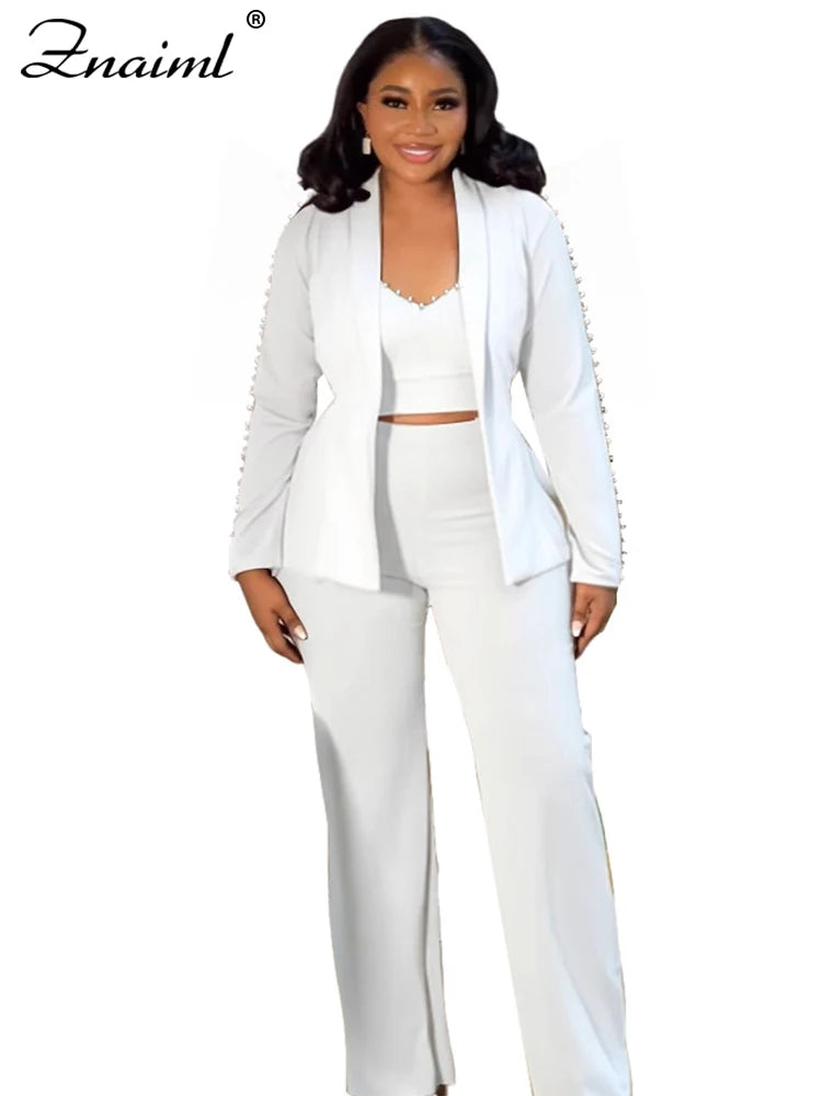 Znaiml Elegant Office Lady Pearl Patchwork 3 Pieces Set Woman‘s Long Sleeves Coat + Vest + Straight Pants Work Matching Outfits