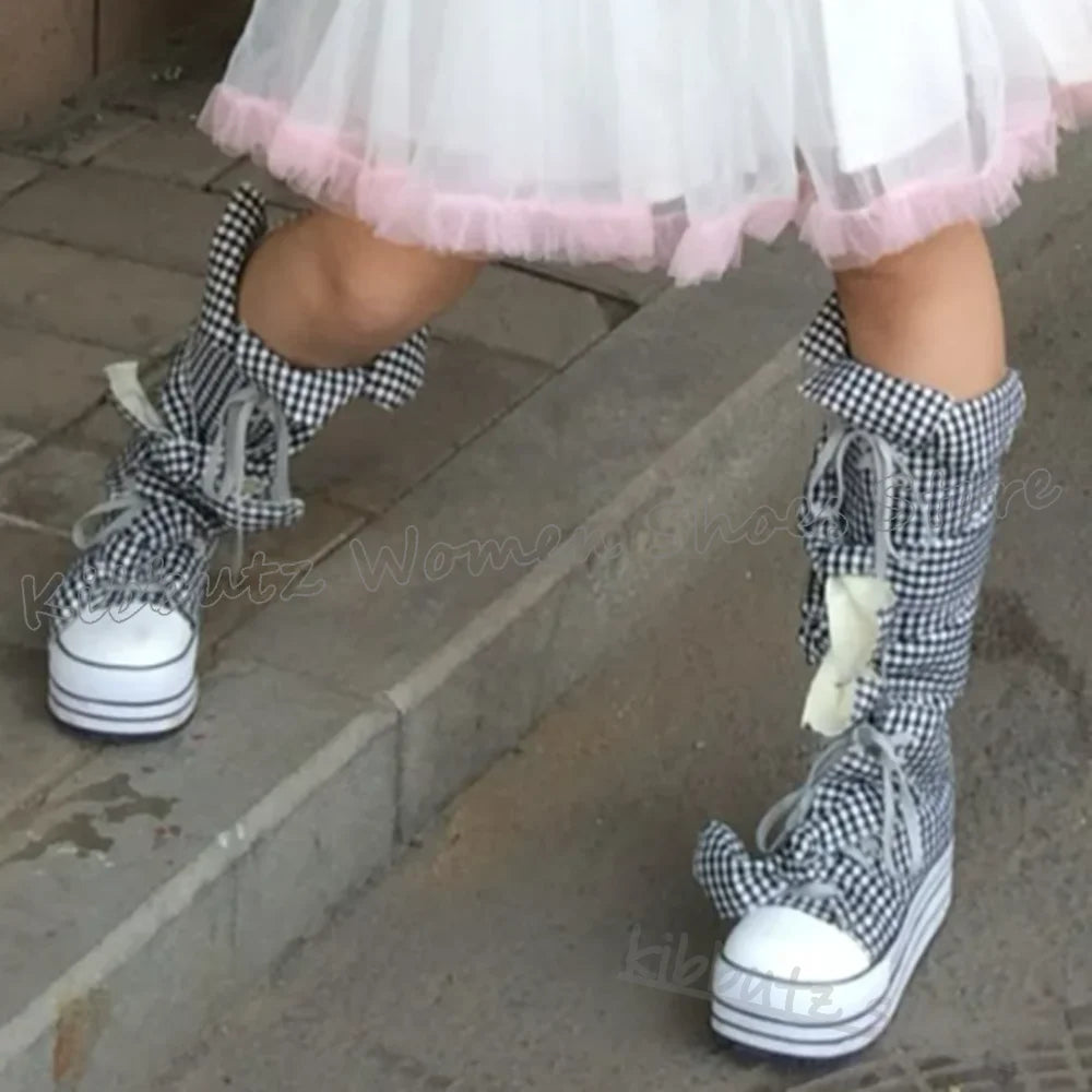 Checkered Canvas Boots Knee High Platform Lace-Up Mixed Color Fashion Elegant Luxury Novelty Women Shoes Round Toe Thick Bottom