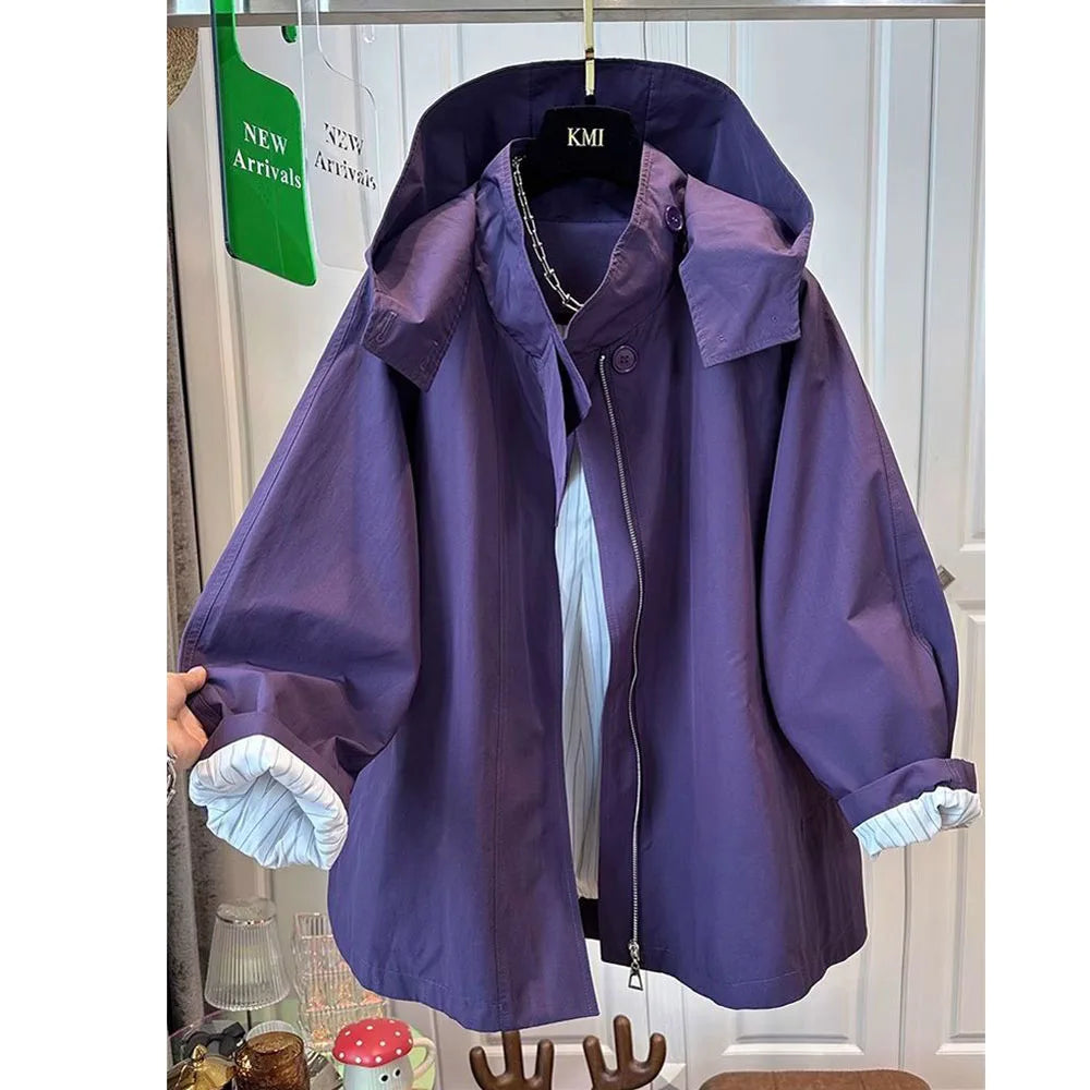 Fem Cotton Trench Coat For Women Casual And Versatile Loose And Slimming Autumn Simple Hooded Long Jacket For Women Windbreaker