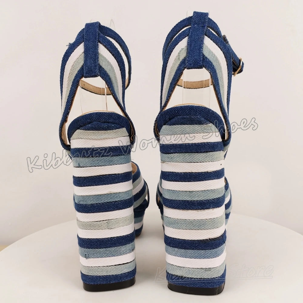 Striped Sandals Platform Cross Strap Buckle Round Toe Chunky Heels Leather Novelty Fashion Luxury Concise Summer Beach Shoes New