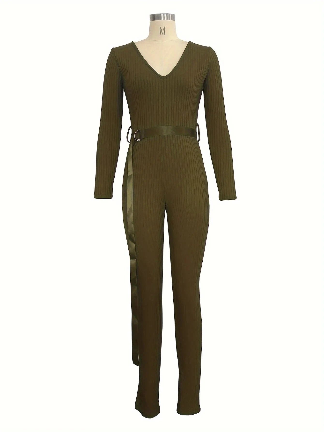 Women Jumpsuits Rompers Ribbed Knitting Skinny Sexy Deep V Neck Long Sleeve Casual Playsuits Club Overalls With Belt