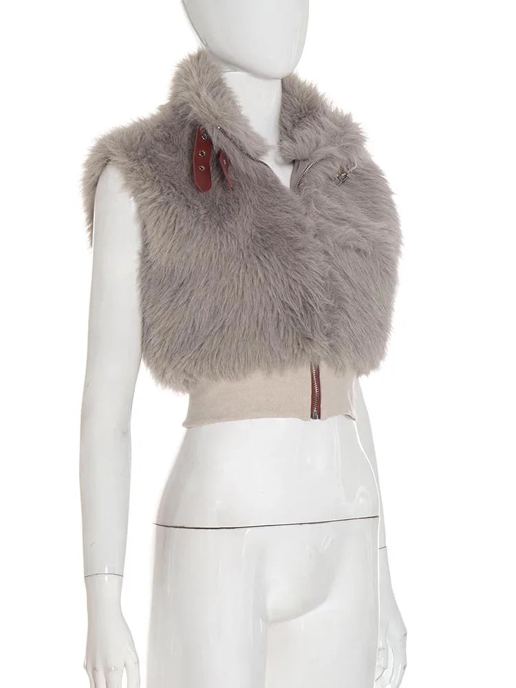 Weird Puss Sexy Furry Tank Tops Women Autumn Trend Patchwork Zip Metal Leather Buckle Slim Hottie Wild Street Clubwear Waistcoat