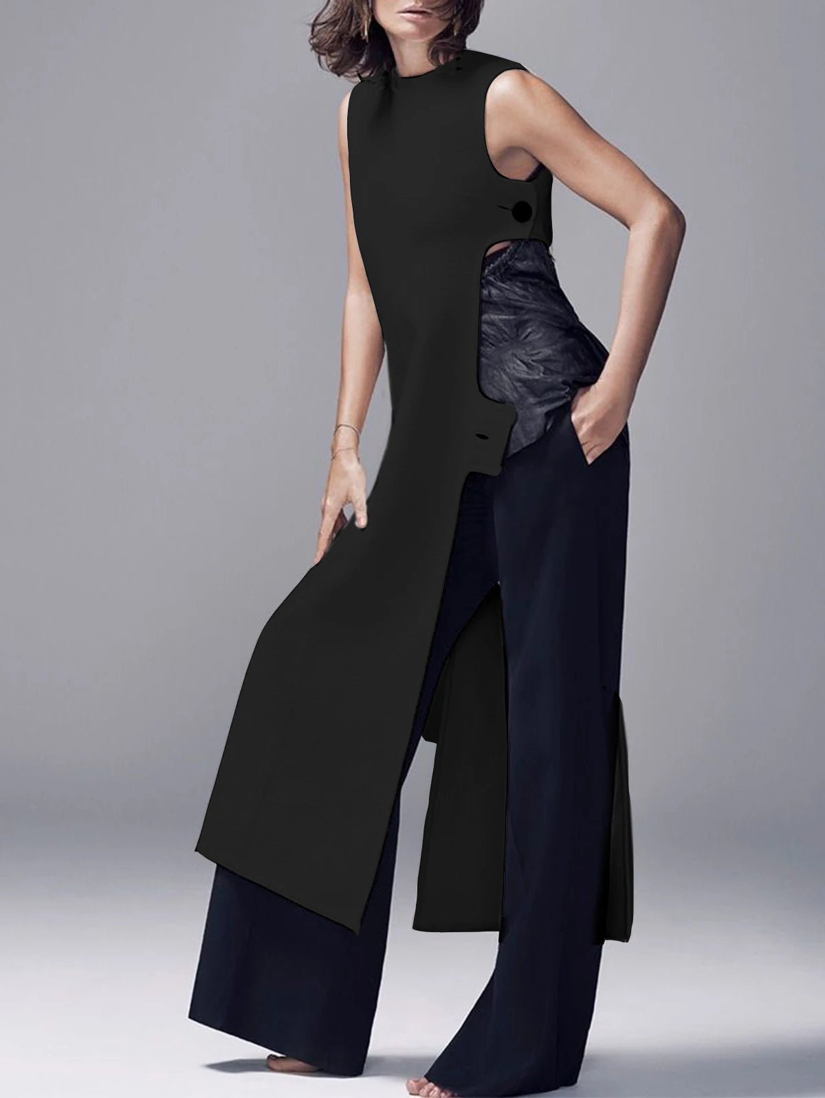 Fashion Plain Crew Neck Sleeveless Button Slit Dress Sexy Vintage Casual Chic Summer Slim Single Button High Street Long Dress