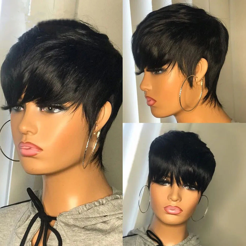 613 Honey Blonde Straight Short Pixie Bob Cut Wig With Bangs Indian Human Hair Full Machine Wig For Black Women