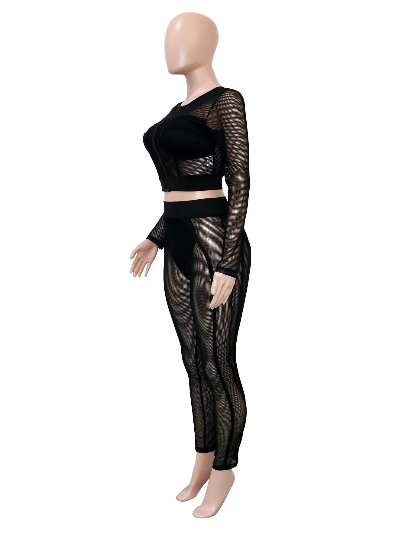 FAGADOER Sexy Hollow Out Bodycon 2 Pieces Set for Woman Mesh See Through Long Sleeves Tops + Leggings Matching Female Streetwear