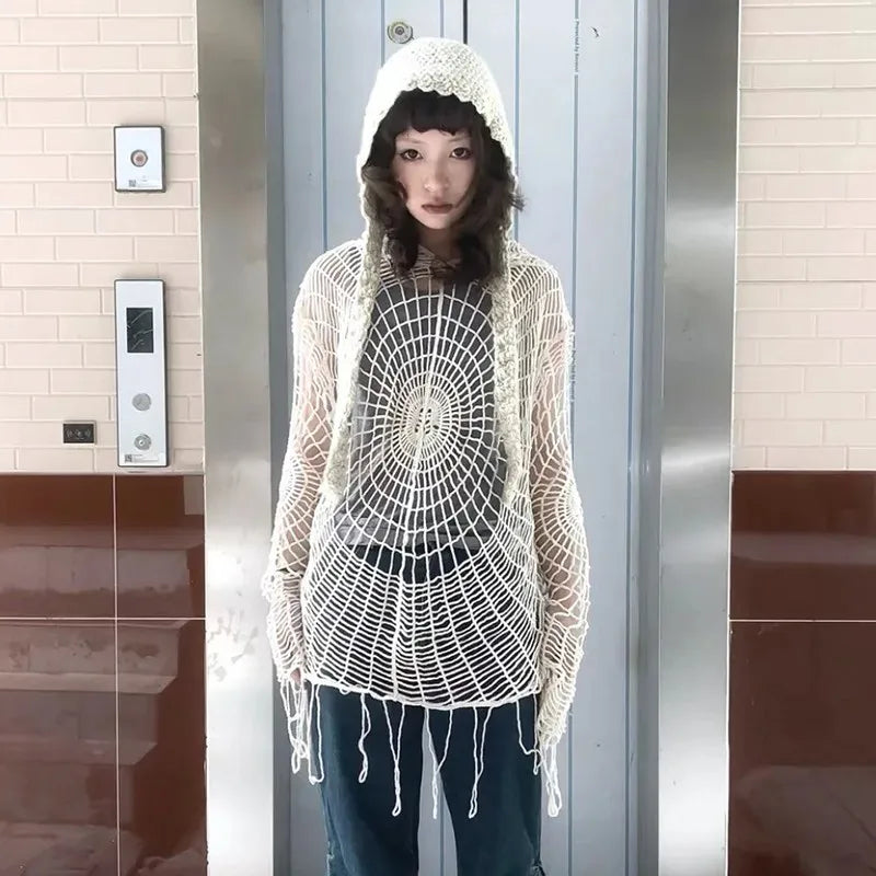 Karrram Japanese Y2k Hollow Out Knitted Top Trashy 2000s Style Spider Web Pullover Vintage Harajuku Hole Hooded Knitwear Grunge