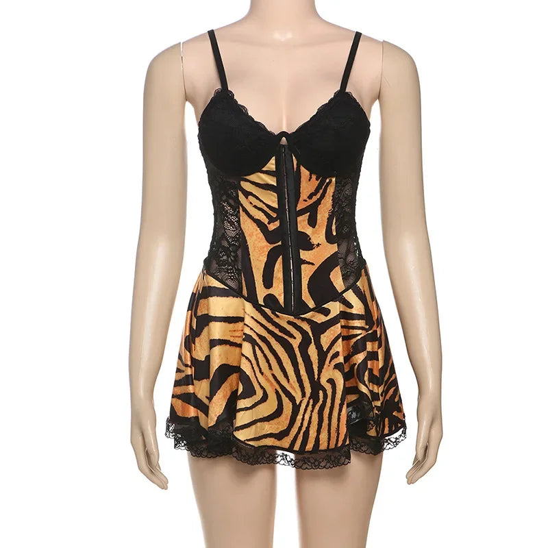 Sexy Skirt Women Product Backless Slim Fit Perspective Lace Leopard Print Patchwork Suspender Short Dresses 2025 Autumn Winter