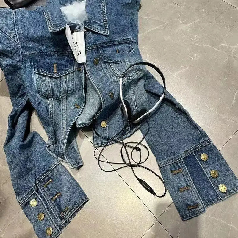 Vintage Inspired Turn Down Collar Cropped Denim Jacket for Women