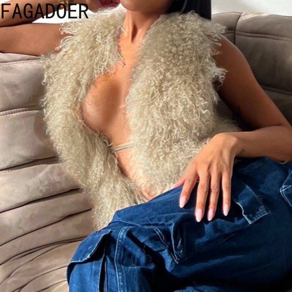 FAGADOER Sexy Fur Patchwork Woman 2 Piece Set Outfit Deep V Backless Lace Up Crop Top + Leopard Print Pants Female Streetwear