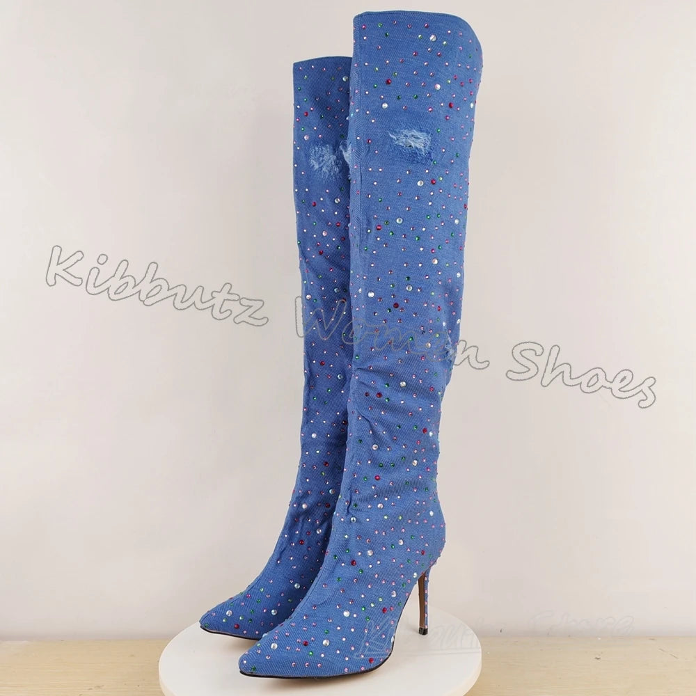 Boots Over The Knee Denim Cloth Crystal Glossy Rhinestone Slip-On Fashion Luxury Elegant Concise Sexy Spicy Girls Shoes Newest